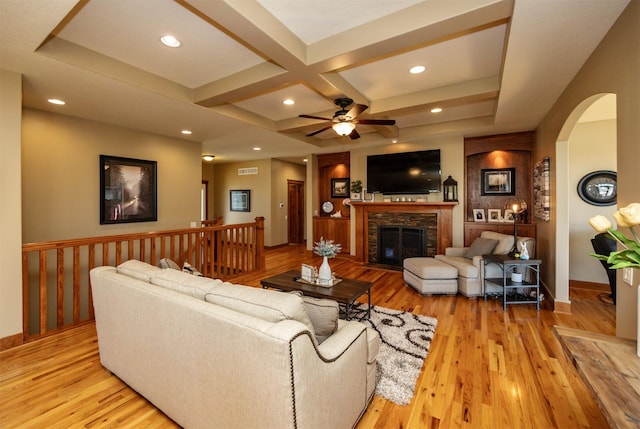 5570 Sunburst Dr, Pleasant Hill, IA 50327 - living room featuring light wood finished floors, ceiling fan, and coffered ceiling