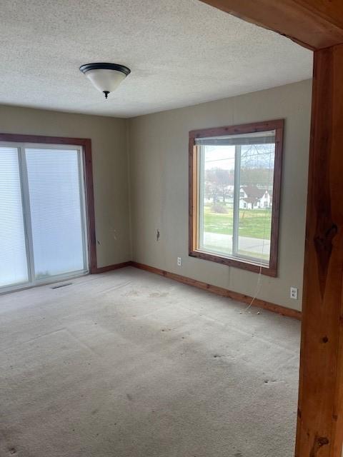 spare room featuring visible vents, light colored carpet, baseboards, and a textured ceiling
