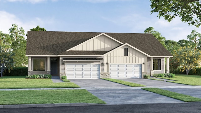 1609 Garland Ave, Norwalk, IA 50021 - view of front of property featuring board and batten siding, a shingled roof, stone siding, and a front yard