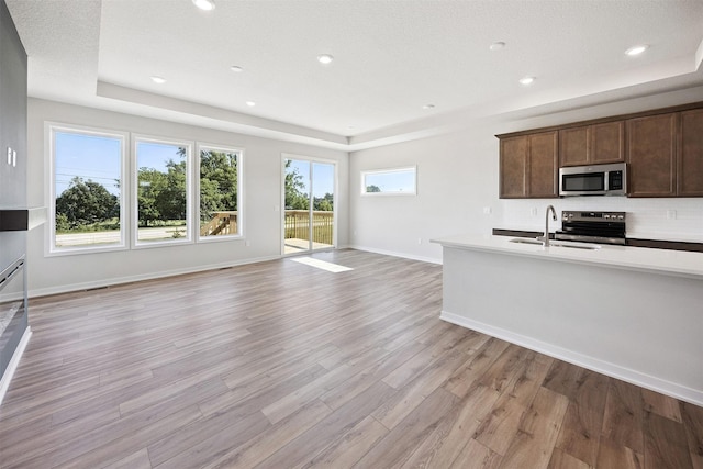 1609 Garland Ave, Norwalk, IA 50021 - kitchen with stainless steel appliances, light countertops, a tray ceiling, light wood finished floors, and open floor plan
