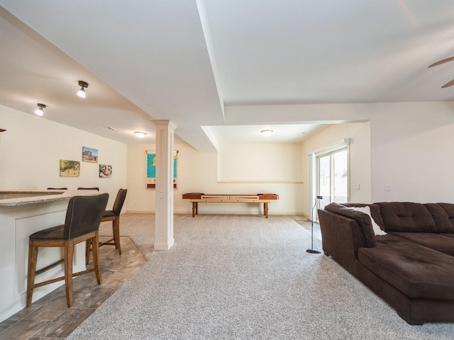 playroom with a ceiling fan, pool table, and carpet