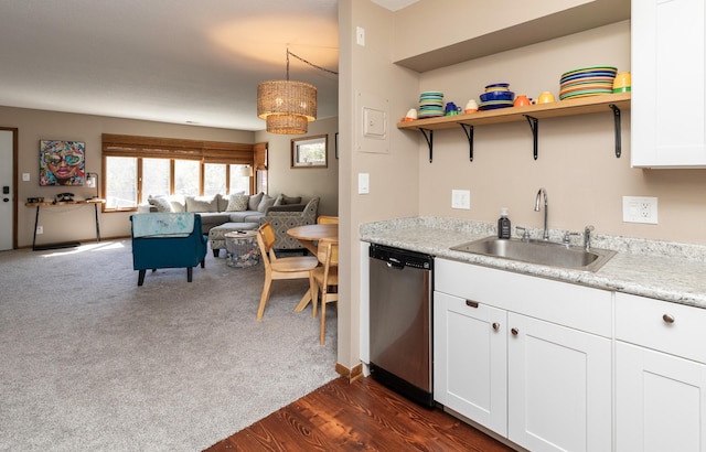5322 Ingersoll Ave Unit B5, Des Moines, IA 50312 - kitchen featuring stainless steel dishwasher, open floor plan, white cabinetry, light countertops, and dark wood-style floors