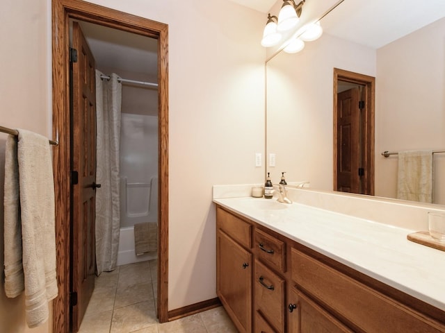1835 SE Hillside Dr, Ankeny, IA 50021 - bathroom with vanity, tile patterned flooring, and shower / bathtub combination with curtain
