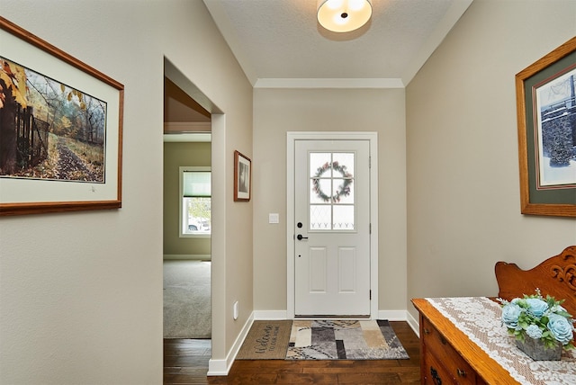 entryway with baseboards and dark wood-style floors