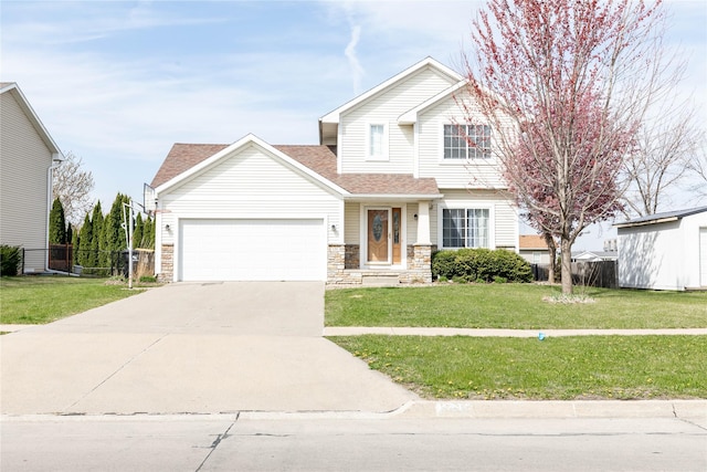 view of front of house featuring stone siding, concrete driveway, fence, an attached garage, and a front yard