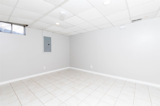 empty room with electric panel, a paneled ceiling, visible vents, and baseboards