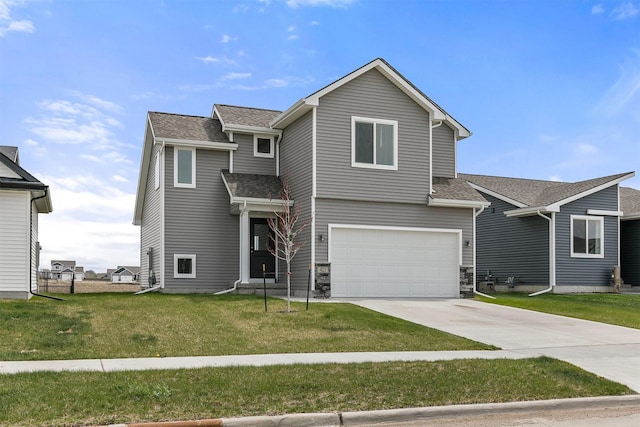 view of front of house featuring a front lawn, stone siding, concrete driveway, a garage, and a shingled roof