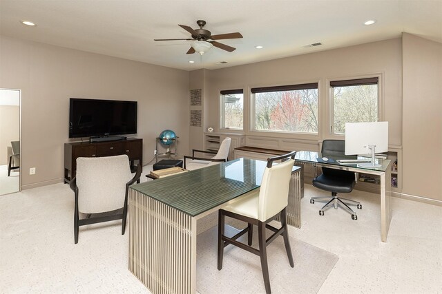 office area with recessed lighting, visible vents, a ceiling fan, and baseboards