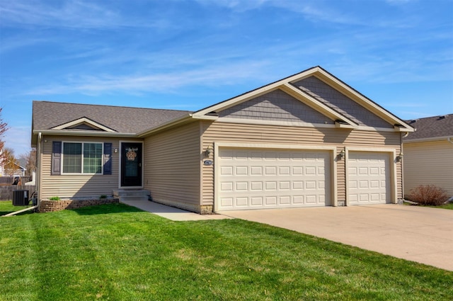 single story home featuring central air condition unit, a garage, entry steps, a front lawn, and concrete driveway