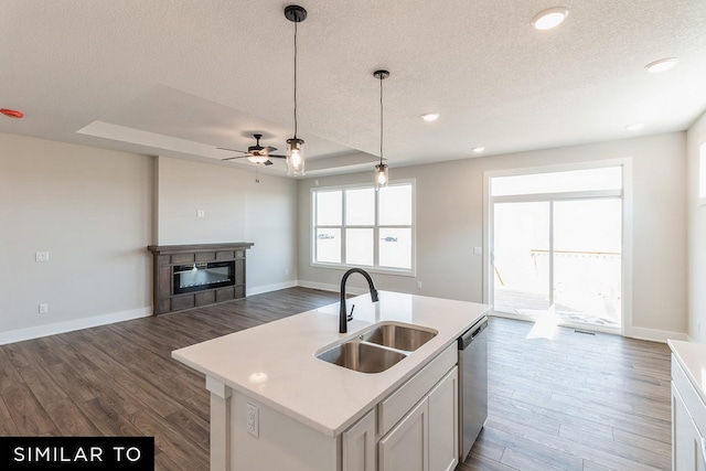 4316 NE 8th St, Ankeny, IA 50021 - kitchen with dishwasher, a sink, dark wood-type flooring, open floor plan, and ceiling fan