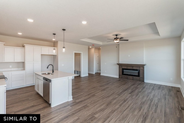 4316 NE 8th St, Ankeny, IA 50021 - kitchen featuring a sink, wood finished floors, ceiling fan, dishwasher, and a raised ceiling
