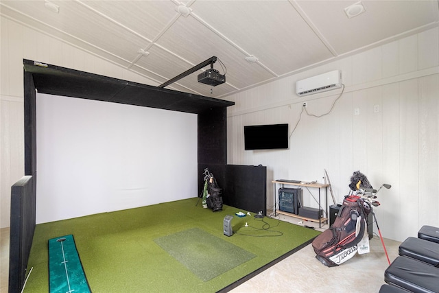 3815 NW 183rd St, Clive, IA 50325 - playroom with golf simulator, a wall unit AC, and vaulted ceiling