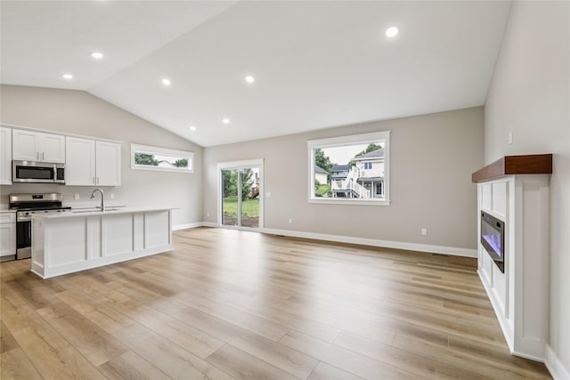 2311 N 8th Ave E, Newton, IA 50208 - kitchen with stainless steel appliances, a glass covered fireplace, open floor plan, light wood-type flooring, and vaulted ceiling