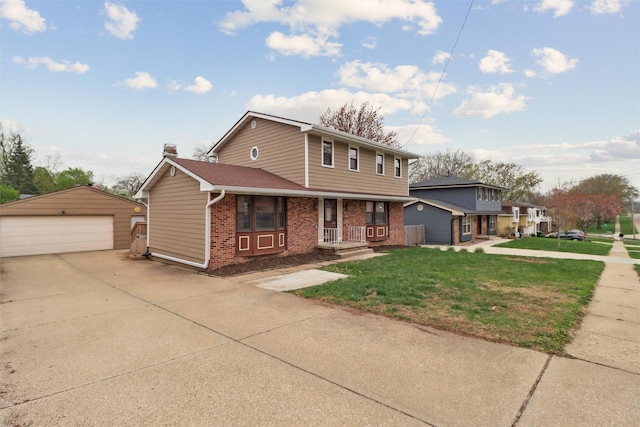view of front of home with a garage, a porch, an outbuilding, a front yard, and brick siding