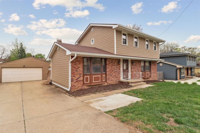 7300 Prairie Ave, Urbandale, IA 50322 - view of front of home featuring brick siding, an outbuilding, a detached garage, a front yard, and a chimney