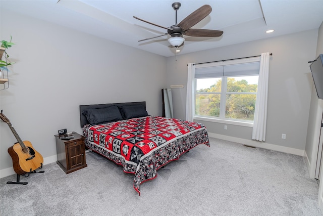carpeted bedroom featuring recessed lighting, visible vents, baseboards, and ceiling fan