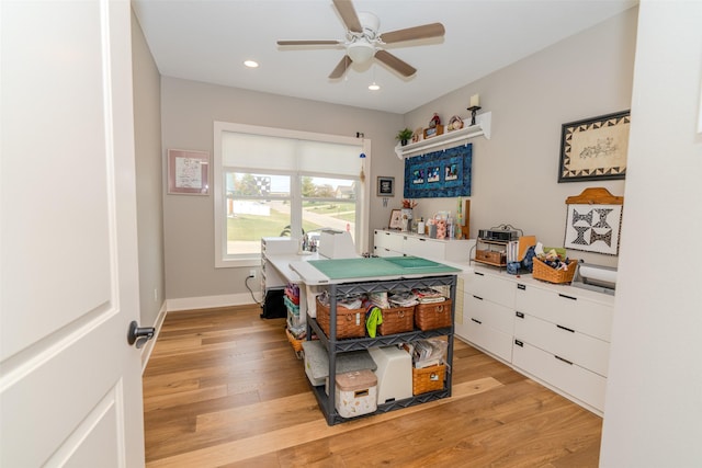 interior space featuring light wood-type flooring, baseboards, recessed lighting, and ceiling fan