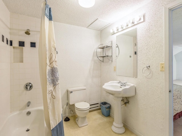 3826 Grand Ave, Des Moines, IA 50312 - full bath with shower / bath combo with shower curtain, baseboard heating, a textured ceiling, and a textured wall