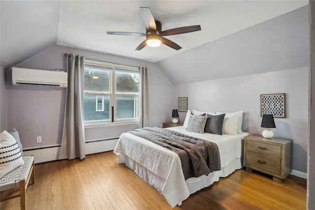 1804 E 33rd St, Des Moines, IA 50317 - bedroom with a wall mounted AC, lofted ceiling, hardwood / wood-style flooring, a ceiling fan, and a baseboard heating unit
