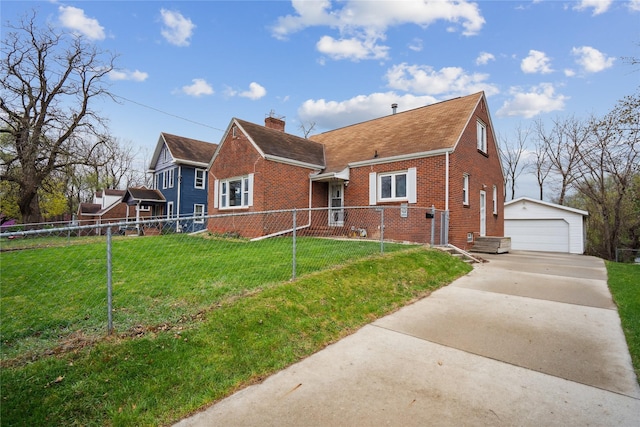 1804 E 33rd St, Des Moines, IA 50317 - view of front of property with brick siding, an outbuilding, a chimney, a garage, and roof with shingles