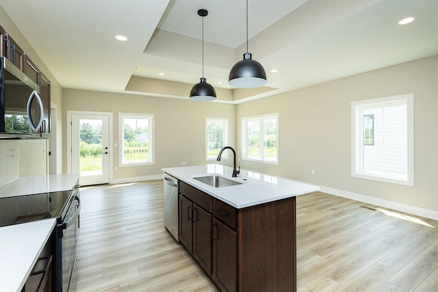 1206 Westview Dr, Huxley, IA 50124 - kitchen featuring a sink, stainless steel appliances, light countertops, a raised ceiling, and light wood-style floors