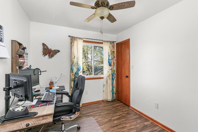 4830 70th Pl, Urbandale, IA 50322 - office area featuring wood finished floors, baseboards, and a ceiling fan