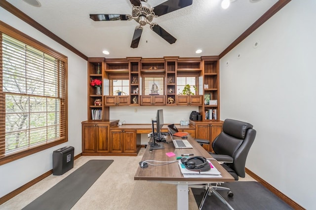9289 Winterberry Ct, West Des Moines, IA 50266 - office area with crown molding, ceiling fan, light carpet, baseboards, and recessed lighting