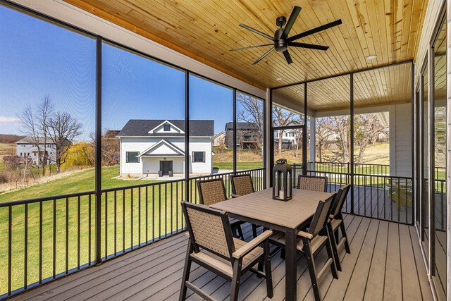 5094 Grand Ridge Dr, West Des Moines, IA 50265 - sunroom with a ceiling fan, outdoor dining space, and a residential view