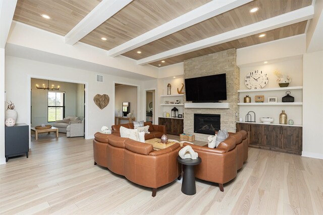5094 Grand Ridge Dr, West Des Moines, IA 50265 - living area featuring light wood-style floors, a fireplace, built in features, a chandelier, and a wooden ceiling with exposed beams