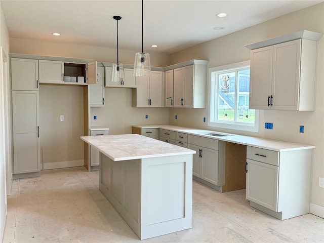 1258 S 92nd St, West Des Moines, IA 50266 - kitchen featuring a center island, recessed lighting, pendant lighting, and gray cabinetry