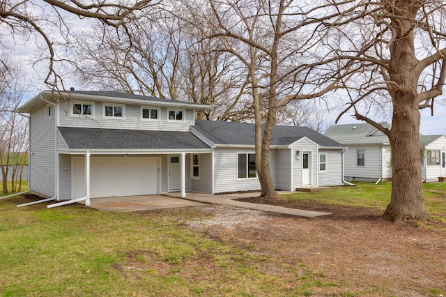 view of front of home featuring a front lawn, roof with shingles, and a garage