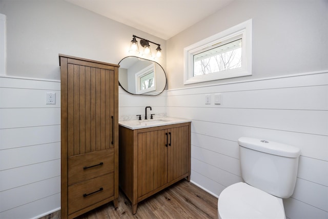 bathroom featuring wood finished floors, toilet, vanity, and wainscoting
