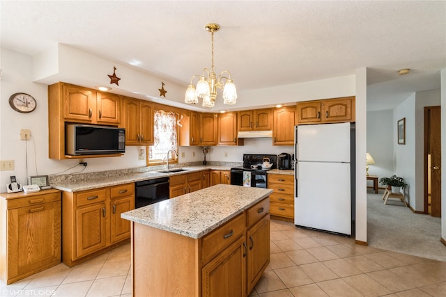 9601 NE 28th Ct, Ankeny, IA 50021 - kitchen with brown cabinetry, under cabinet range hood, a sink, and black appliances
