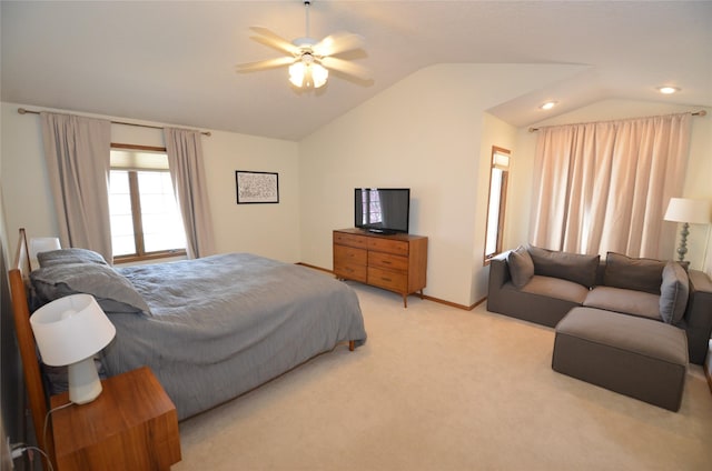 bedroom featuring light carpet, vaulted ceiling, baseboards, recessed lighting, and ceiling fan