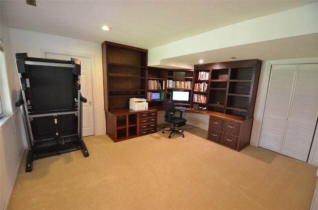 office space featuring recessed lighting and light carpet