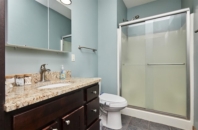 bathroom with toilet, vanity, tile patterned floors, and a stall shower