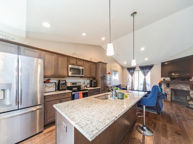 1110 NE 15th Ln, Ankeny, IA 50021 - kitchen with wood finished floors, a sink, a kitchen island with sink, lofted ceiling, and appliances with stainless steel finishes
