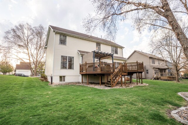 748 76th St, West Des Moines, IA 50266 - rear view of property with a wooden deck, a pergola, a yard, and stairway