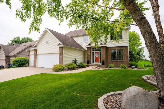 748 76th St, West Des Moines, IA 50266 - view of front of home featuring brick siding, an attached garage, a front yard, and concrete driveway
