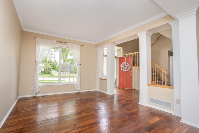 748 76th St, West Des Moines, IA 50266 - entryway with decorative columns, wood-type flooring, crown molding, and baseboards