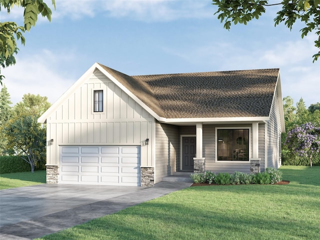 1528 Garland Ave, Norwalk, IA 50021 - view of front facade with concrete driveway, board and batten siding, stone siding, an attached garage, and a shingled roof