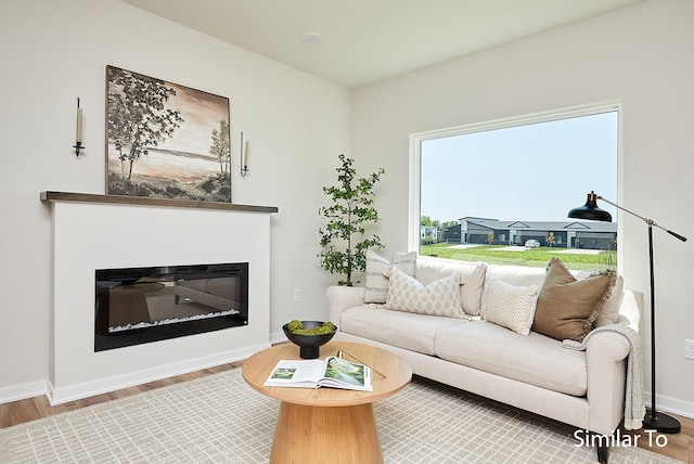 living area with baseboards, wood finished floors, and a glass covered fireplace