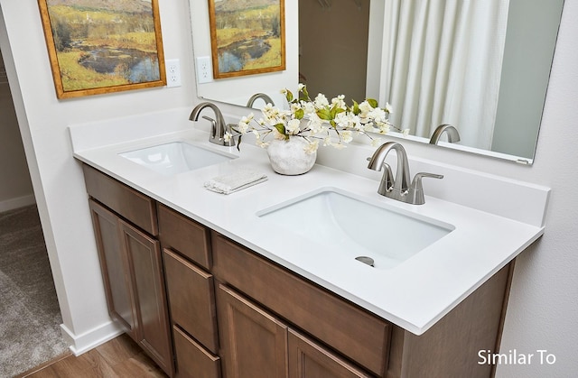 bathroom with wood finished floors, a sink, and double vanity