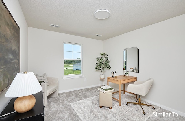 office featuring baseboards, carpet flooring, a textured ceiling, and visible vents