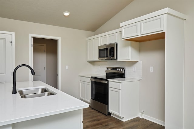 635 NW Compass Ave, Waukee, IA 50263 - kitchen featuring stainless steel appliances, tasteful backsplash, dark wood-style floors, light countertops, and vaulted ceiling
