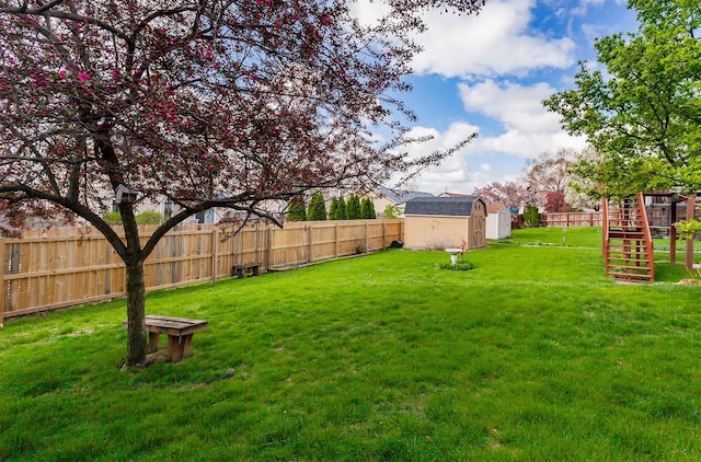 6125 Goldfinch Dr, Pleasant Hill, IA 50327 - view of yard featuring an outdoor structure, a shed, and a fenced backyard