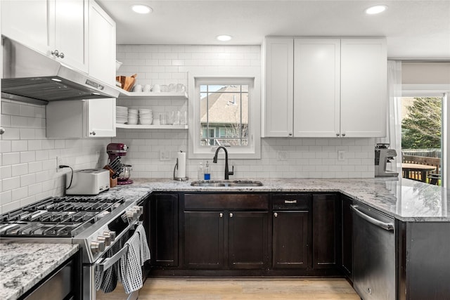kitchen featuring tasteful backsplash, a sink, stainless steel appliances, white cabinets, and under cabinet range hood