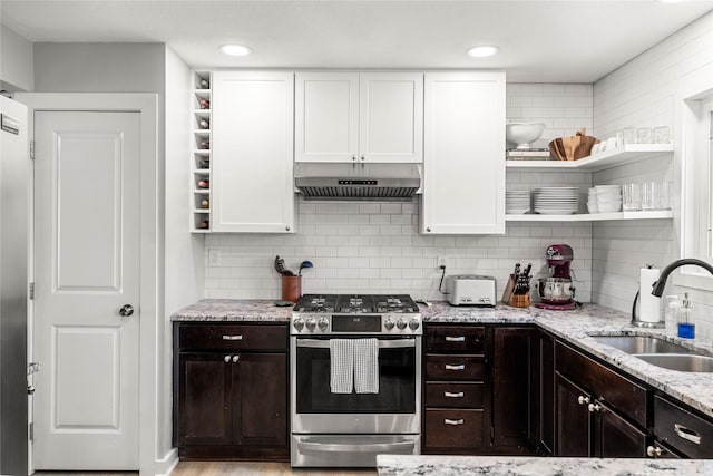 kitchen with open shelves, stainless steel gas stove, under cabinet range hood, and a sink