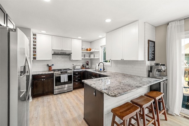 kitchen featuring open shelves, stainless steel appliances, white cabinets, a peninsula, and under cabinet range hood