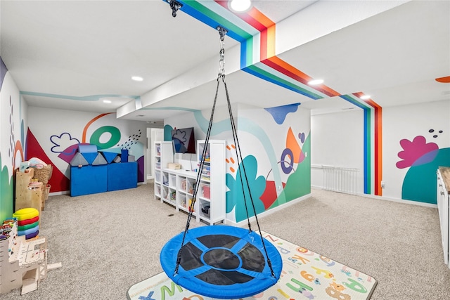 recreation room featuring recessed lighting, carpet floors, and baseboards